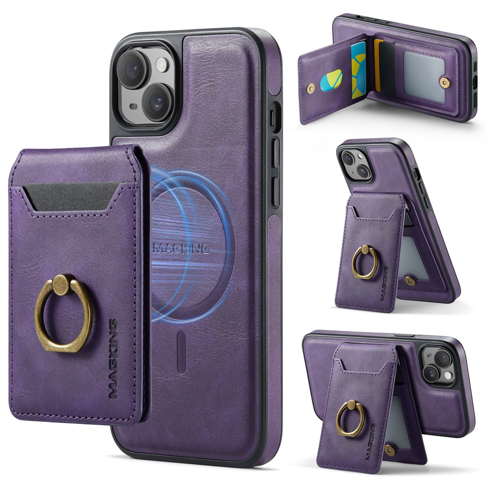 MAGKING K1 Series For iPhone 15 Magnetic Case PC+TPU+PU Phone Cover with Card Holder - Purple