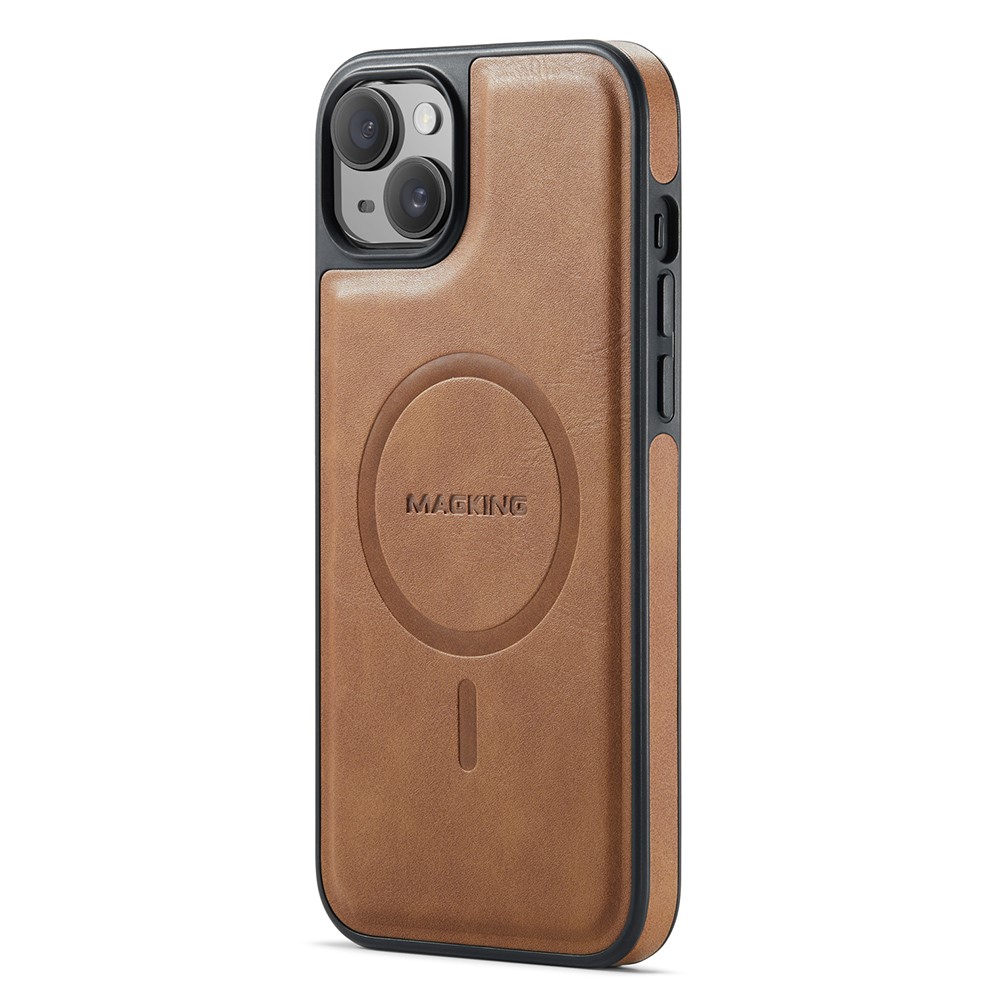 MAGKING K1 Series For iPhone 15 Magnetic Case PC+TPU+PU Leather Phone Cover - Brown