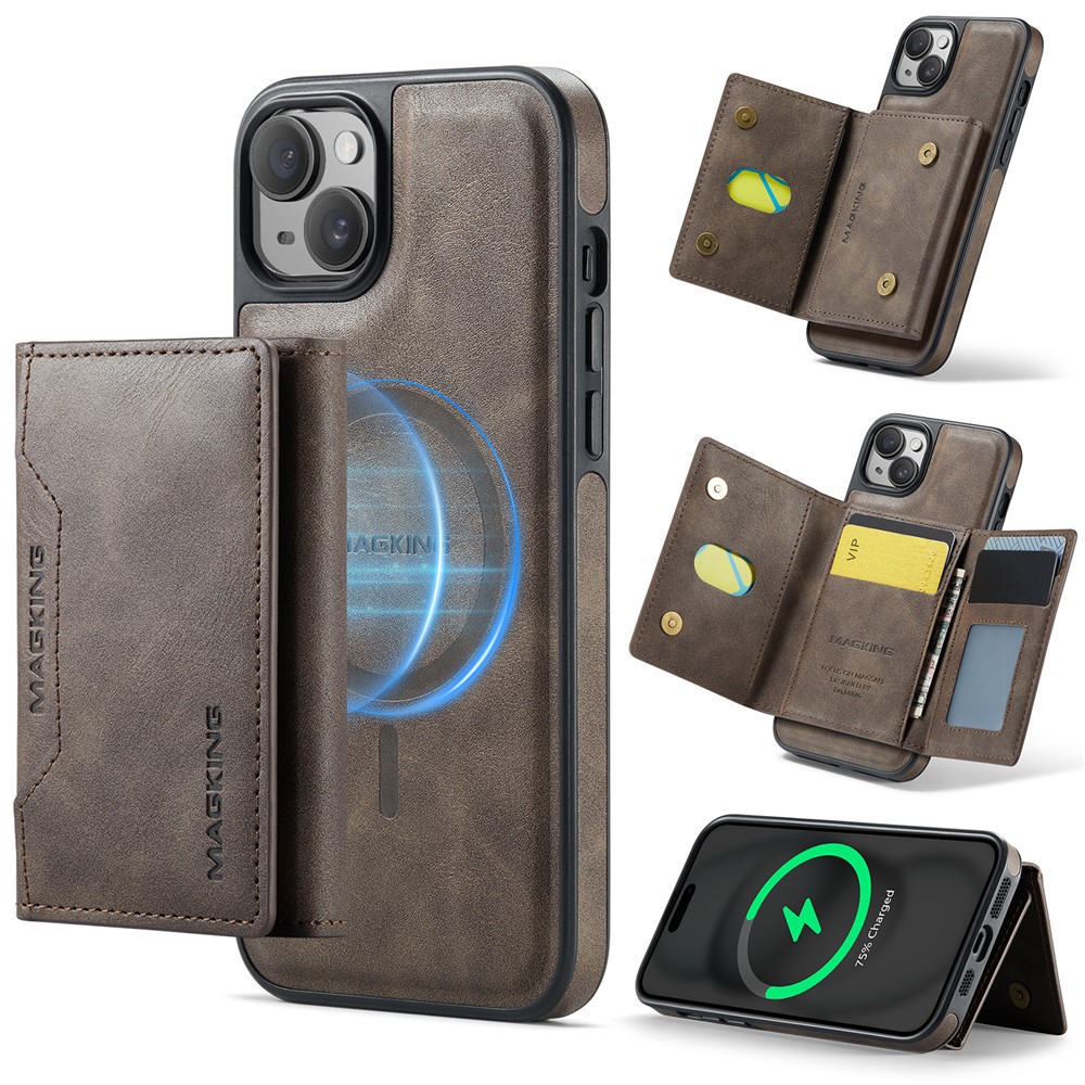 MAGKING K2 Series For iPhone 15 Case Compatible with MagSafe PC+TPU+PU Phone Cover - Coffee