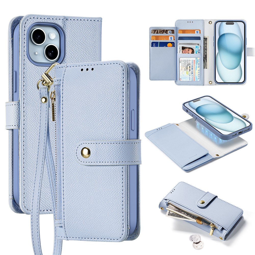 For iPhone 15 Case DUX DUCIS Lawa Series Detachable Magnetic Cowhide Leather Cover Zipper Wallet - Light Blue
