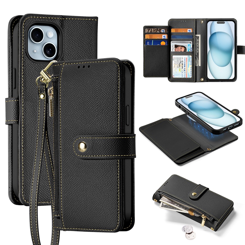 For iPhone 15 Plus Case DUX DUCIS Lawa Series Detachable Magnetic Cowhide Leather Cover Zipper Wallet - Black