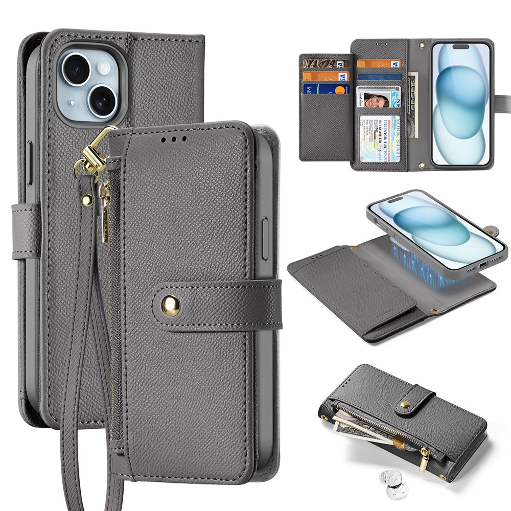 For iPhone 15 Plus Case DUX DUCIS Lawa Series Detachable Magnetic Cowhide Leather Cover Zipper Wallet - Grey