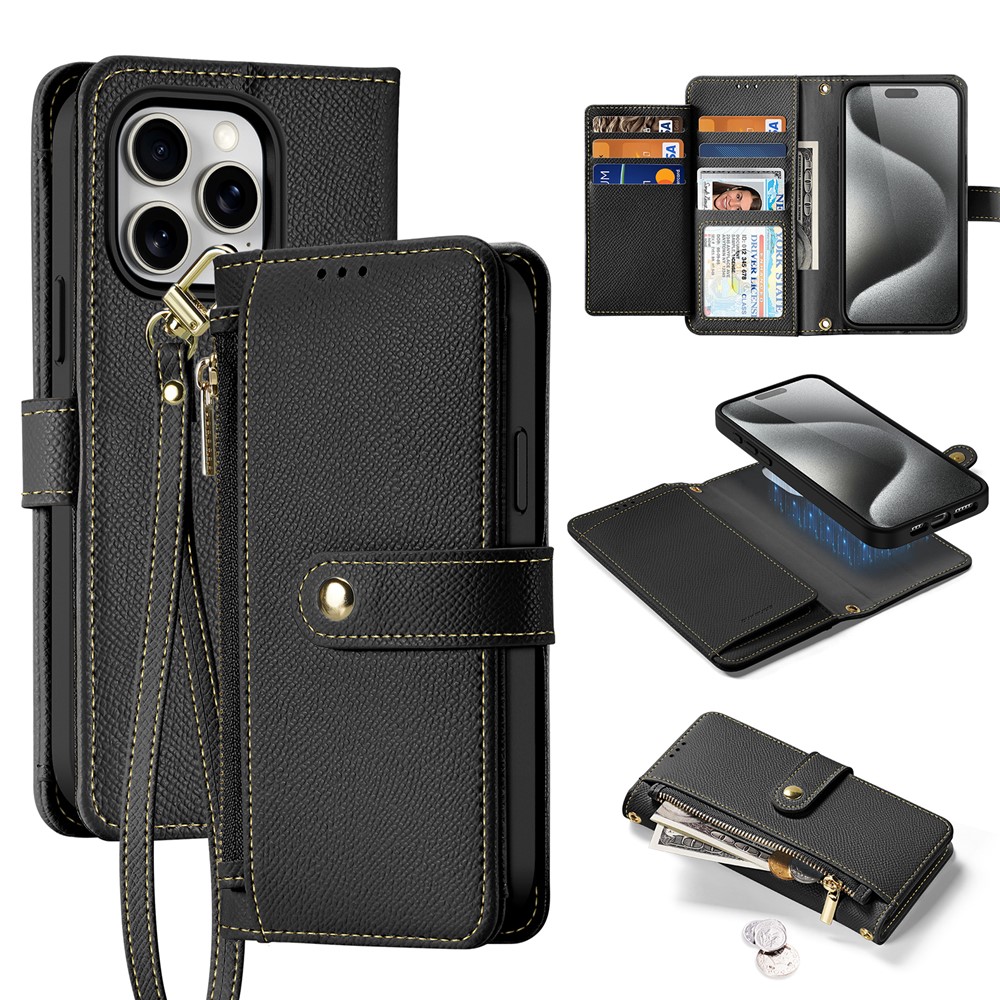 For iPhone 15 Pro Case DUX DUCIS Lawa Series Detachable Magnetic Cowhide Leather Cover Zipper Wallet - Black