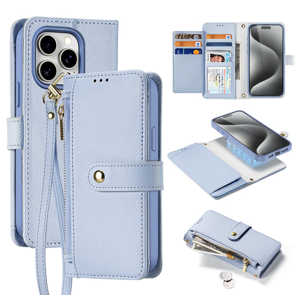 For iPhone 15 Pro Case DUX DUCIS Lawa Series Detachable Magnetic Cowhide Leather Cover Zipper Wallet - Light Blue