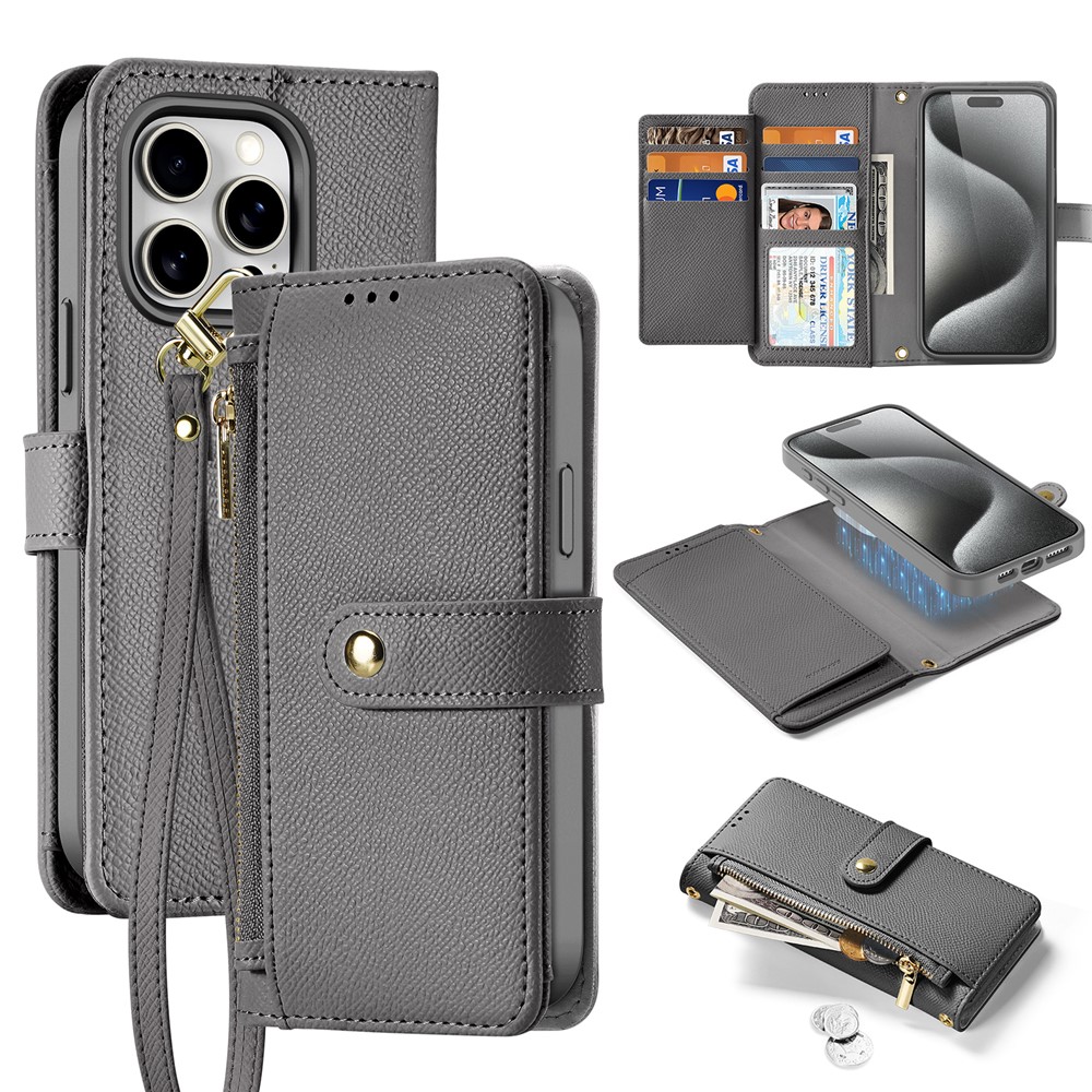 For iPhone 15 Pro Max Case DUX DUCIS Lawa Series Detachable Magnetic Cowhide Leather Cover Zipper Wallet - Grey