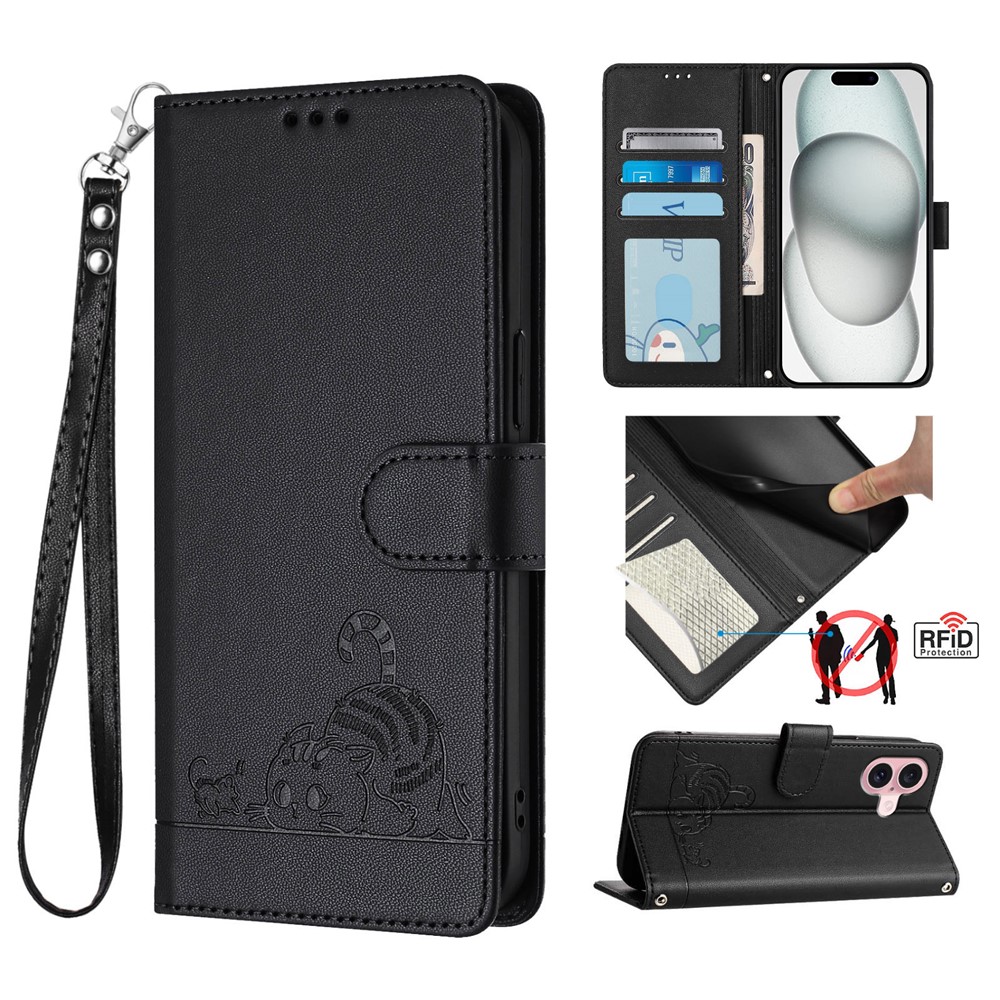 For iPhone 16 Case with Strap RFID Blocking Leather Wallet Phone Cover Cat Mouse Pattern - Black