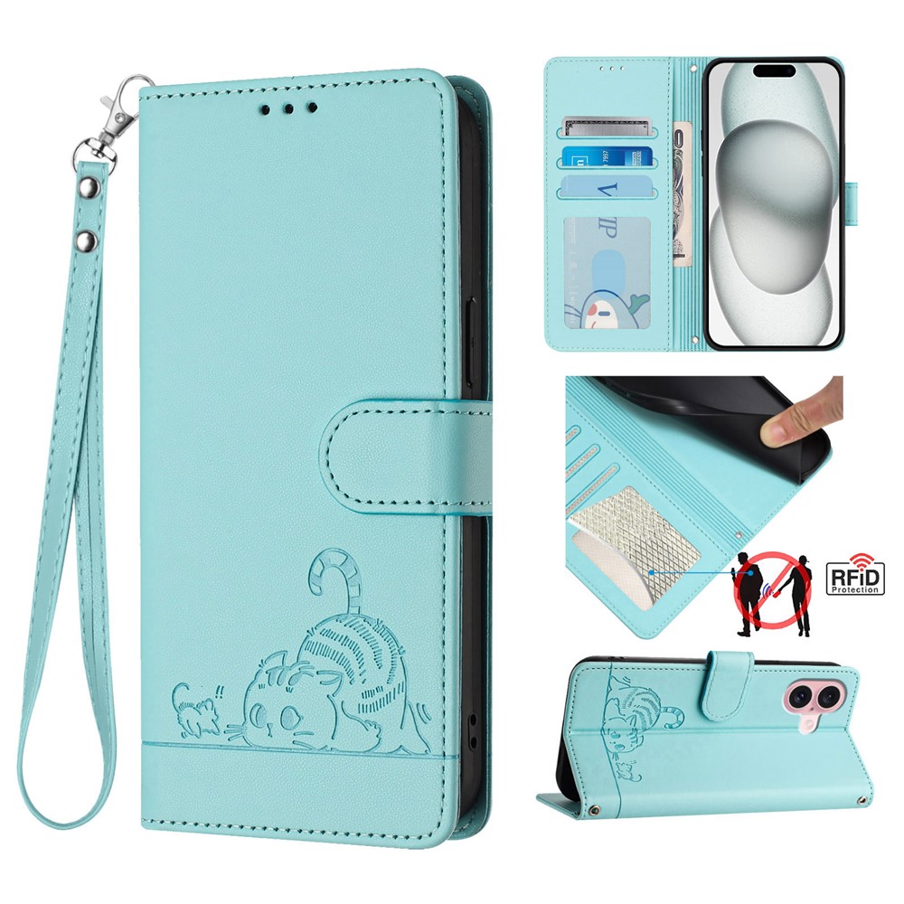 For iPhone 16 Case with Strap RFID Blocking Leather Wallet Phone Cover Cat Mouse Pattern - Mint Green