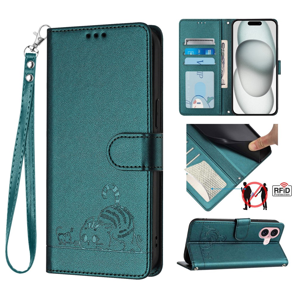 For iPhone 16 Case with Strap RFID Blocking Leather Wallet Phone Cover Cat Mouse Pattern - Dark Green