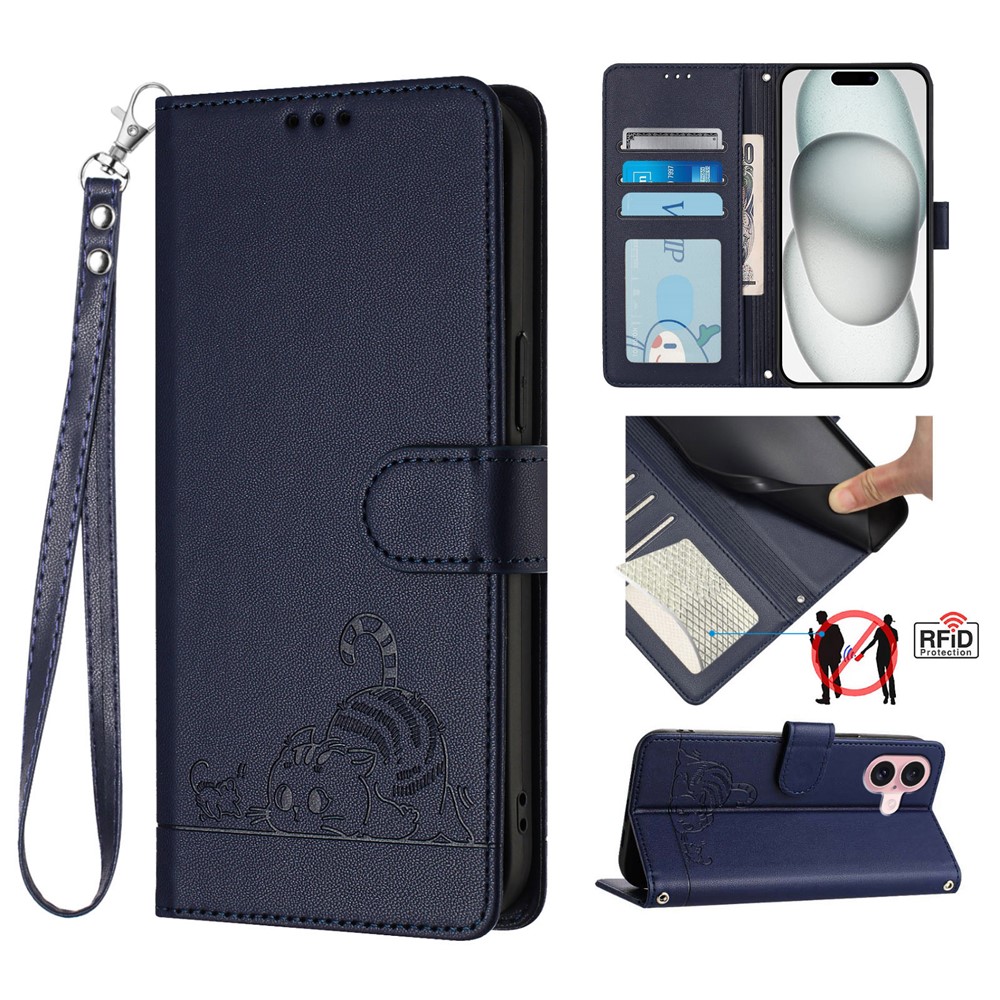 For iPhone 16 Case with Strap RFID Blocking Leather Wallet Phone Cover Cat Mouse Pattern - Sapphire
