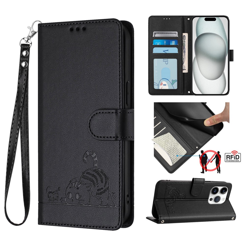 For iPhone 16 Pro Max Case with Strap RFID Blocking Leather Wallet Phone Cover Cat Mouse Pattern - Black