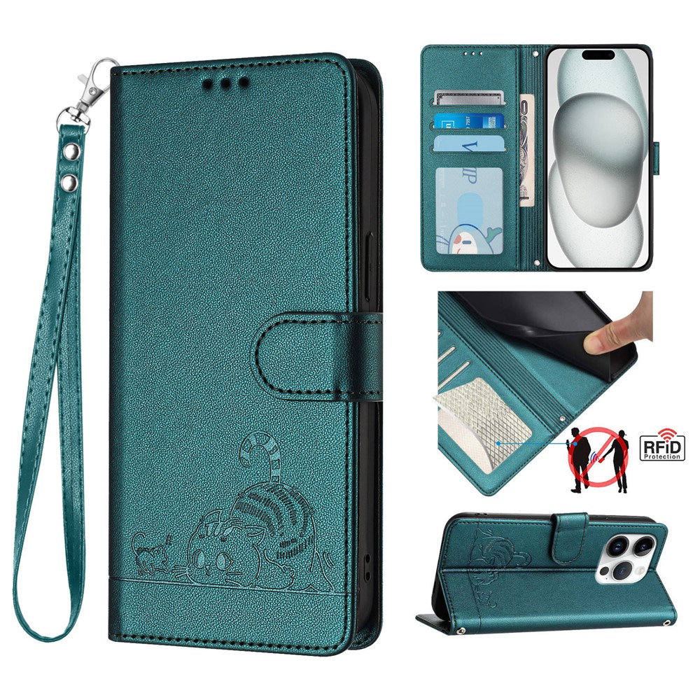 For iPhone 16 Pro Max Case with Strap RFID Blocking Leather Wallet Phone Cover Cat Mouse Pattern - Dark Green