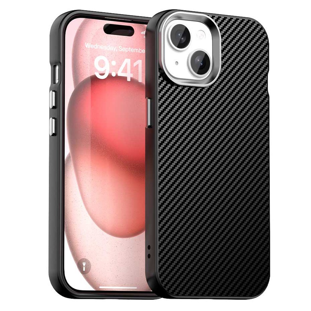 For iPhone 15 Case Cell Phone Hybrid Back Cover Carbon Fiber Texture - Black