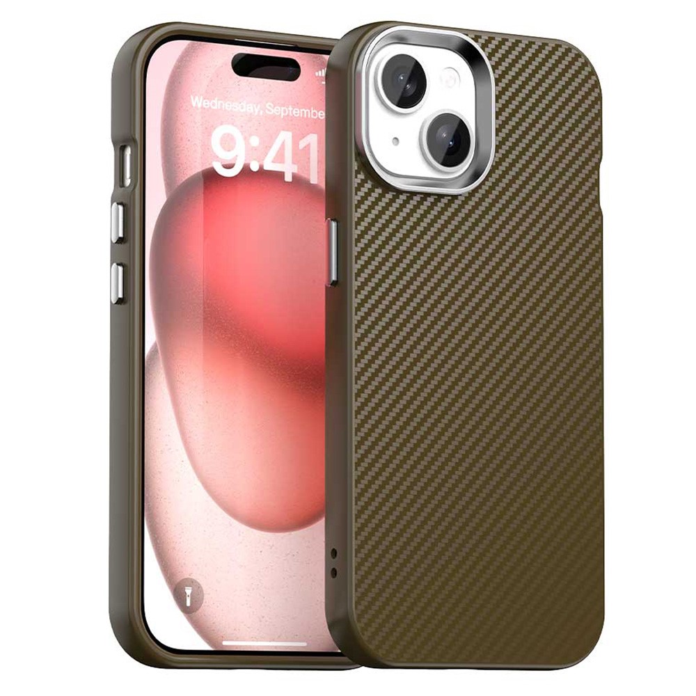 For iPhone 15 Case Cell Phone Hybrid Back Cover Carbon Fiber Texture - Brown
