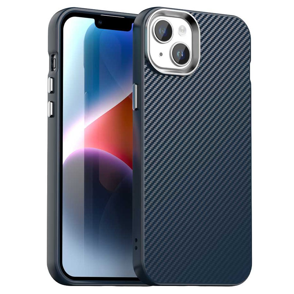 For iPhone 14 / 13 Case Cell Phone Hybrid Back Cover Carbon Fiber Texture - Blue