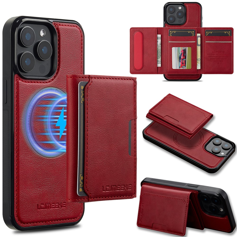 LC.IMEEKE L5 For iPhone 14 Pro Max Magnetic Phone Case Leather Back Cover with Detachable Card Holder - Red
