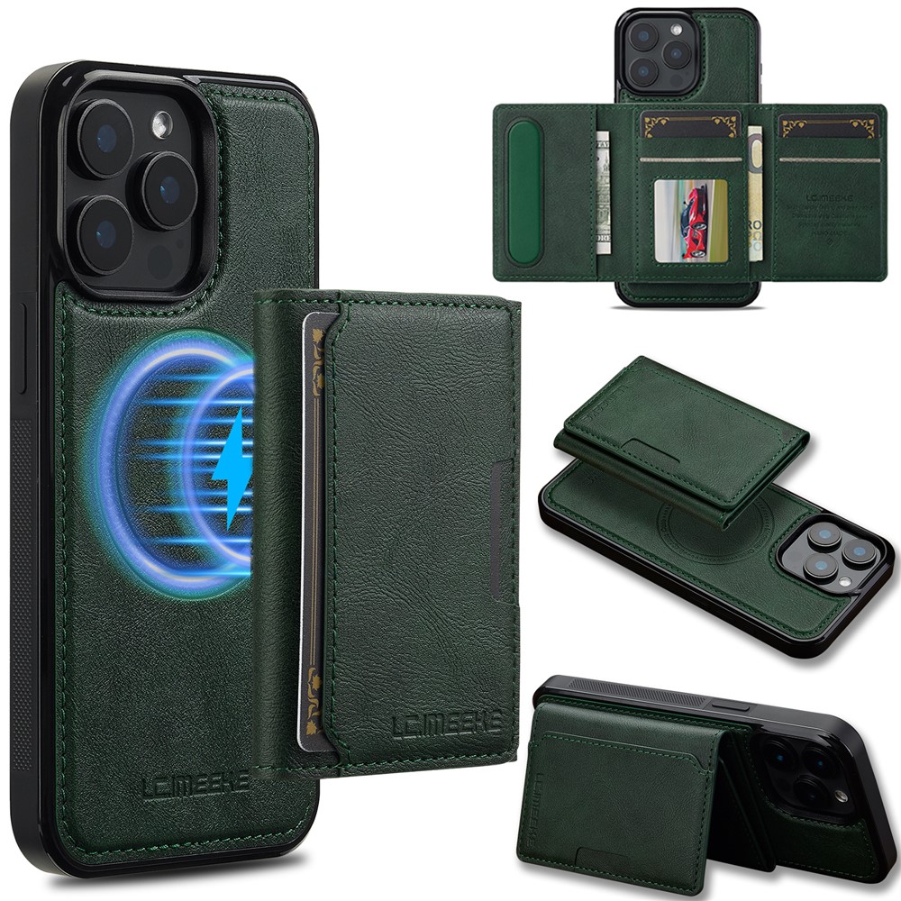 LC.IMEEKE L5 For iPhone 14 Pro Max Magnetic Phone Case Leather Back Cover with Detachable Card Holder - Green