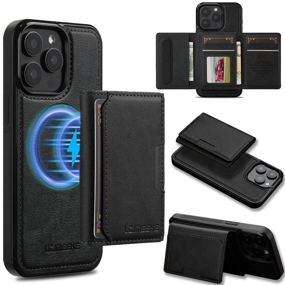 LC.IMEEKE L5 For iPhone 14 Pro Magnetic Phone Case Leather Back Cover with Detachable Card Holder - Black