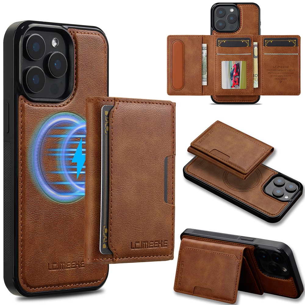 LC.IMEEKE L5 For iPhone 14 Pro Magnetic Phone Case Leather Back Cover with Detachable Card Holder - Brown