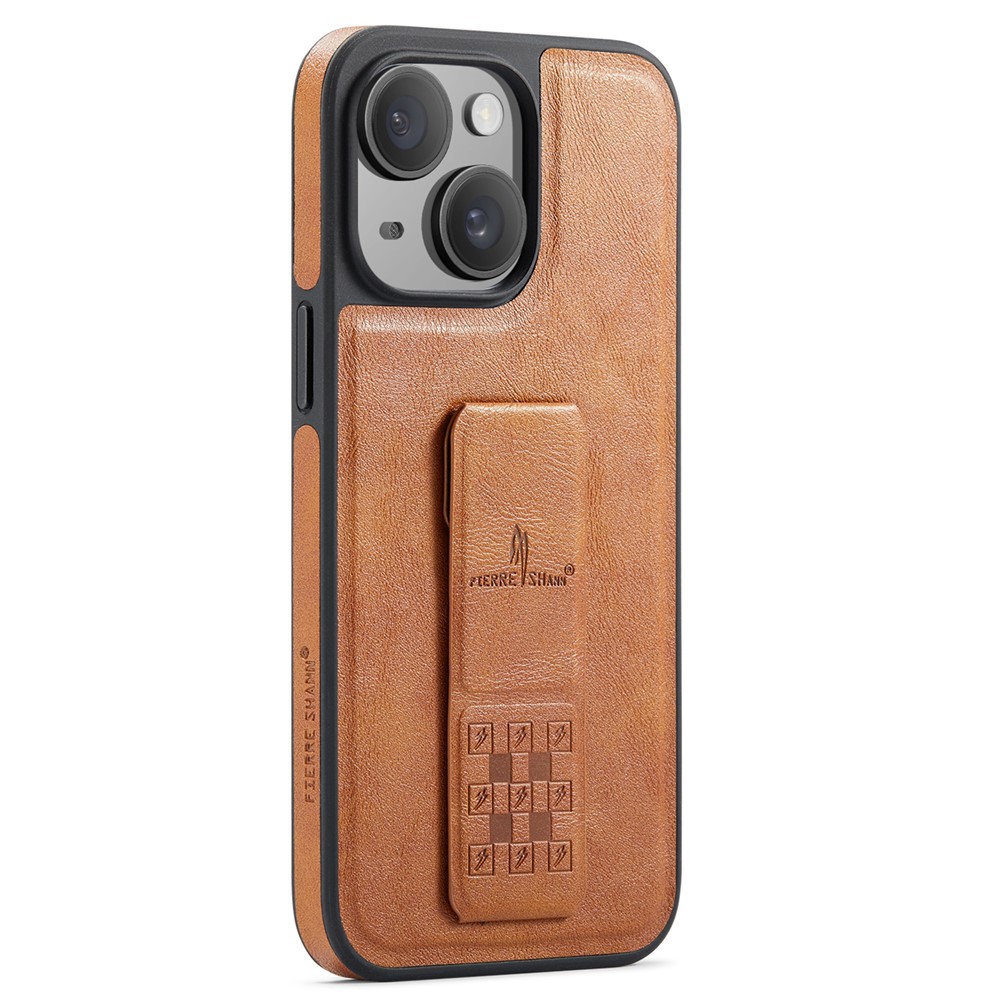 FIERRE SHANN For iPhone 14 Case Kickstand Leather Slim Back Cover - Brown