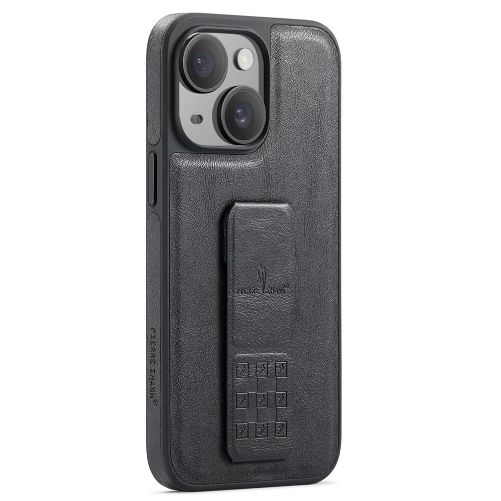 FIERRE SHANN For iPhone 14 Case Kickstand Leather Slim Back Cover - Black