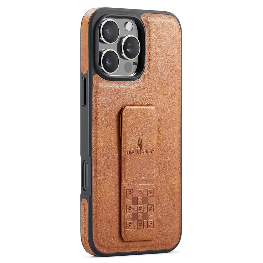 FIERRE SHANN For iPhone 14 Pro Case Kickstand Leather Slim Back Cover - Brown