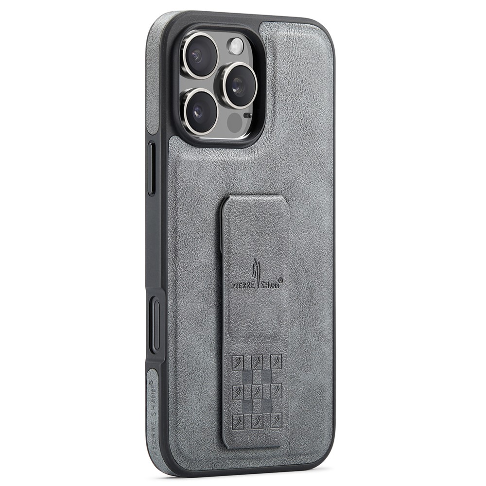 FIERRE SHANN For iPhone 14 Pro Case Kickstand Leather Slim Back Cover - Grey