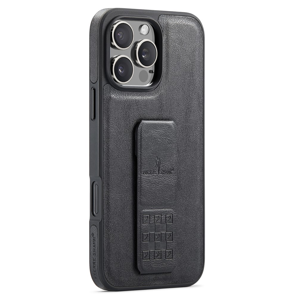 FIERRE SHANN For iPhone 14 Pro Case Kickstand Leather Slim Back Cover - Black