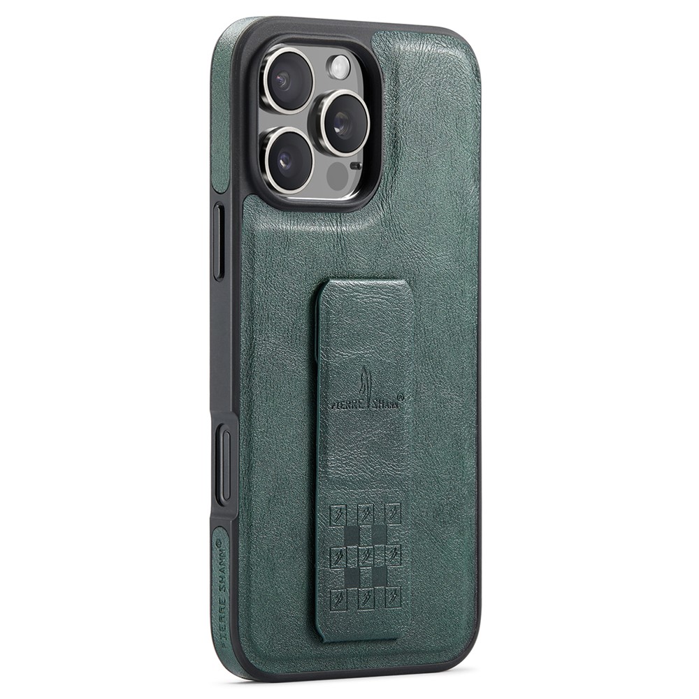 FIERRE SHANN For iPhone 14 Pro Max Case Kickstand Leather Slim Back Cover - Green