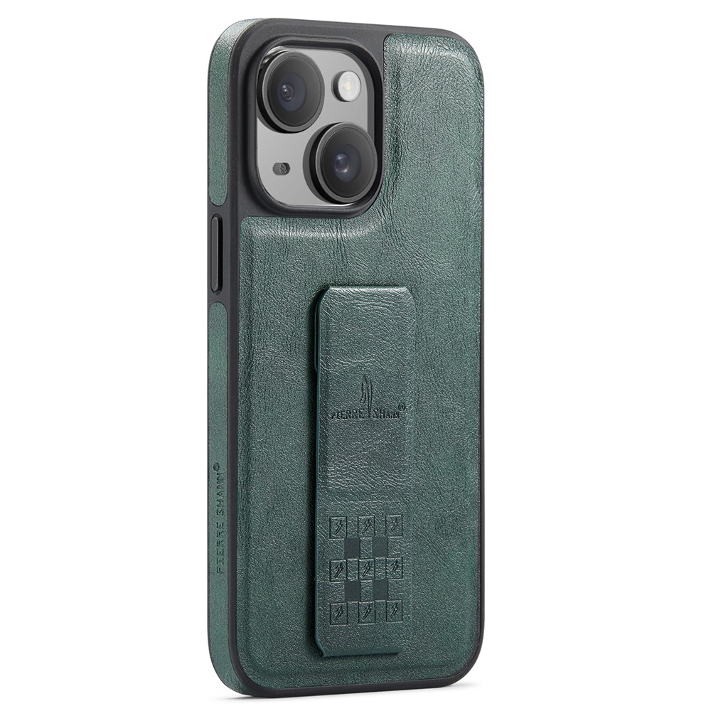 FIERRE SHANN For iPhone 15 Case Kickstand Leather Slim Back Cover - Green