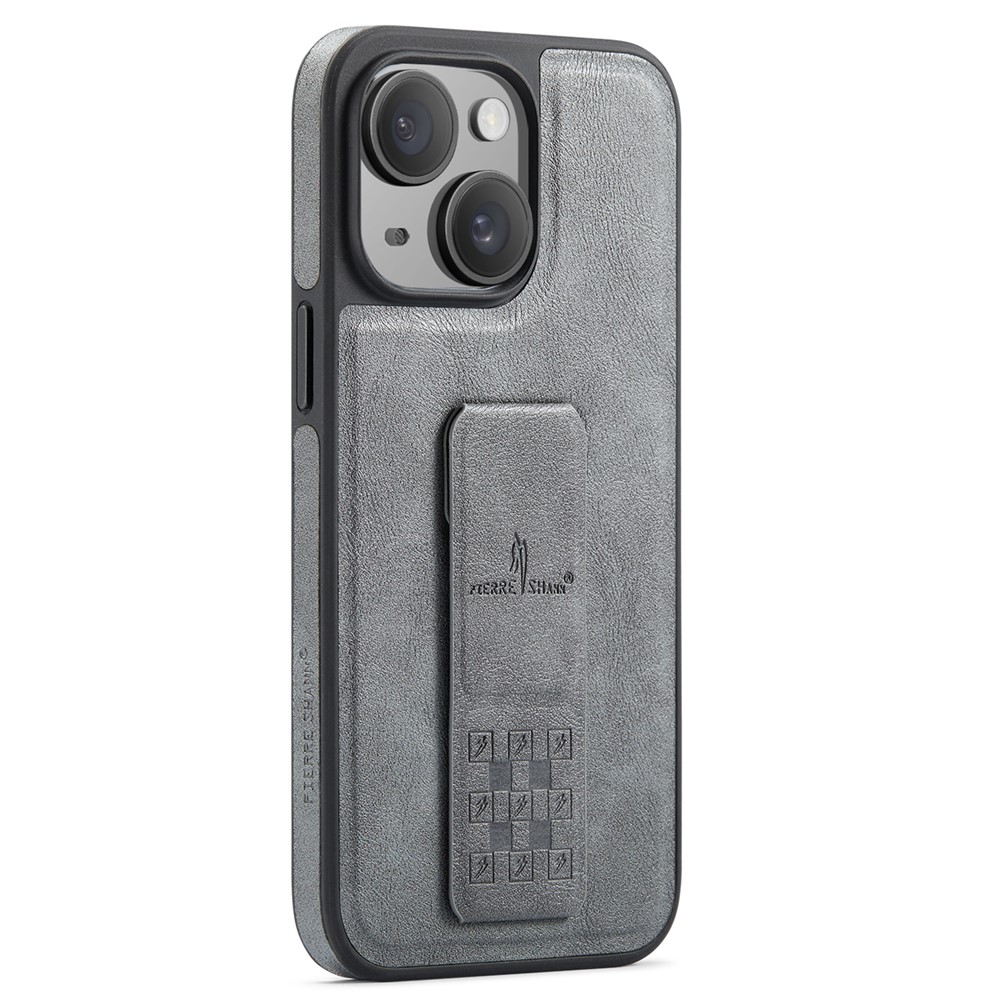 FIERRE SHANN For iPhone 15 Case Kickstand Leather Slim Back Cover - Grey