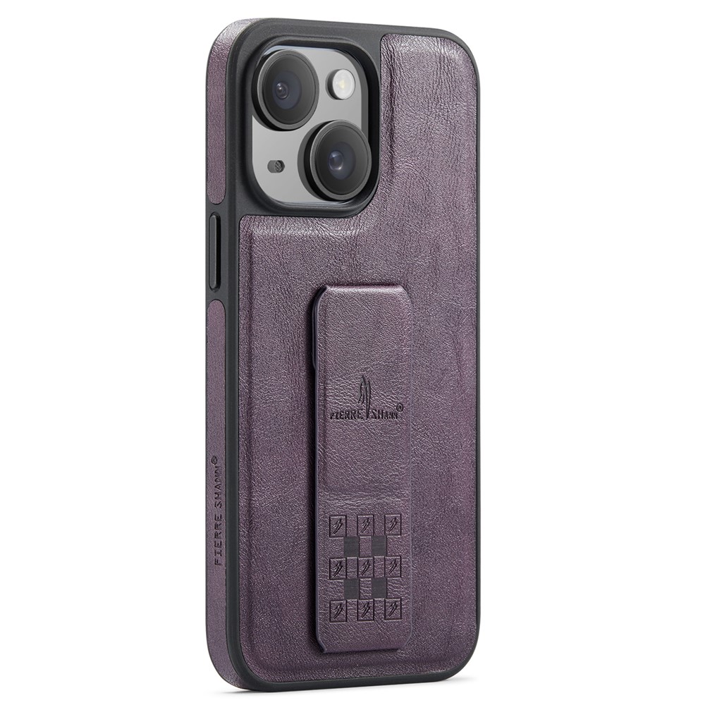 FIERRE SHANN For iPhone 15 Case Kickstand Leather Slim Back Cover - Purple