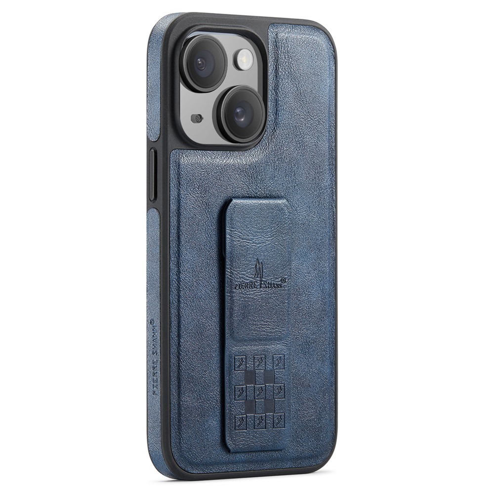 FIERRE SHANN For iPhone 15 Case Kickstand Leather Slim Back Cover - Blue