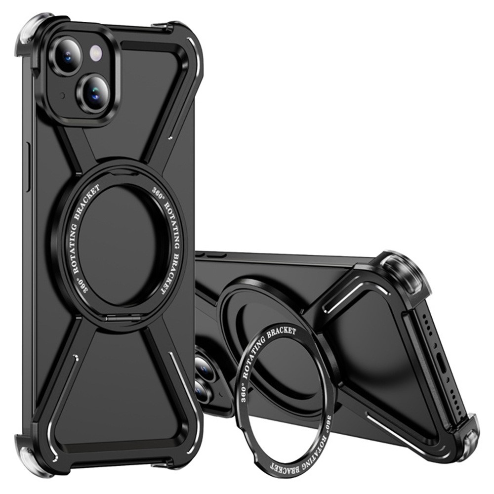 For iPhone 15 Magnetic Case Rotating Kickstand Metal Bumper Phone Cover - Black