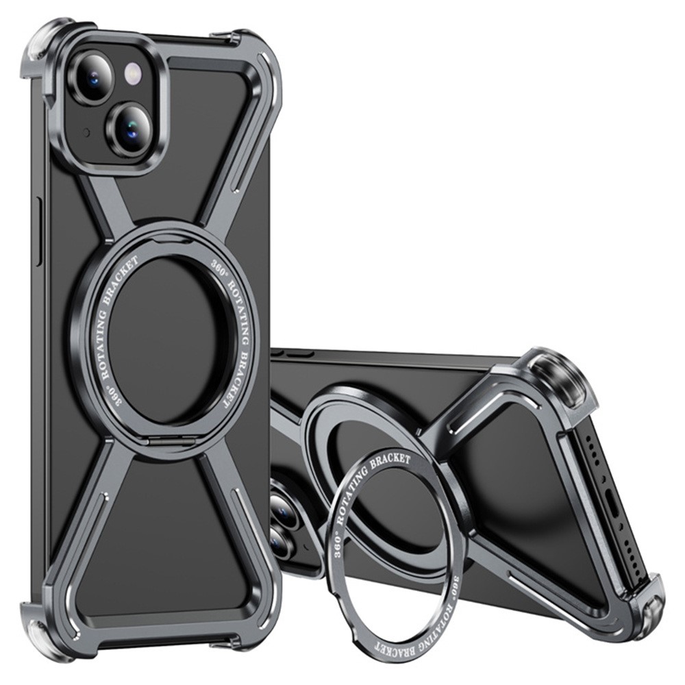For iPhone 15 Magnetic Case Rotating Kickstand Metal Bumper Phone Cover - Grey