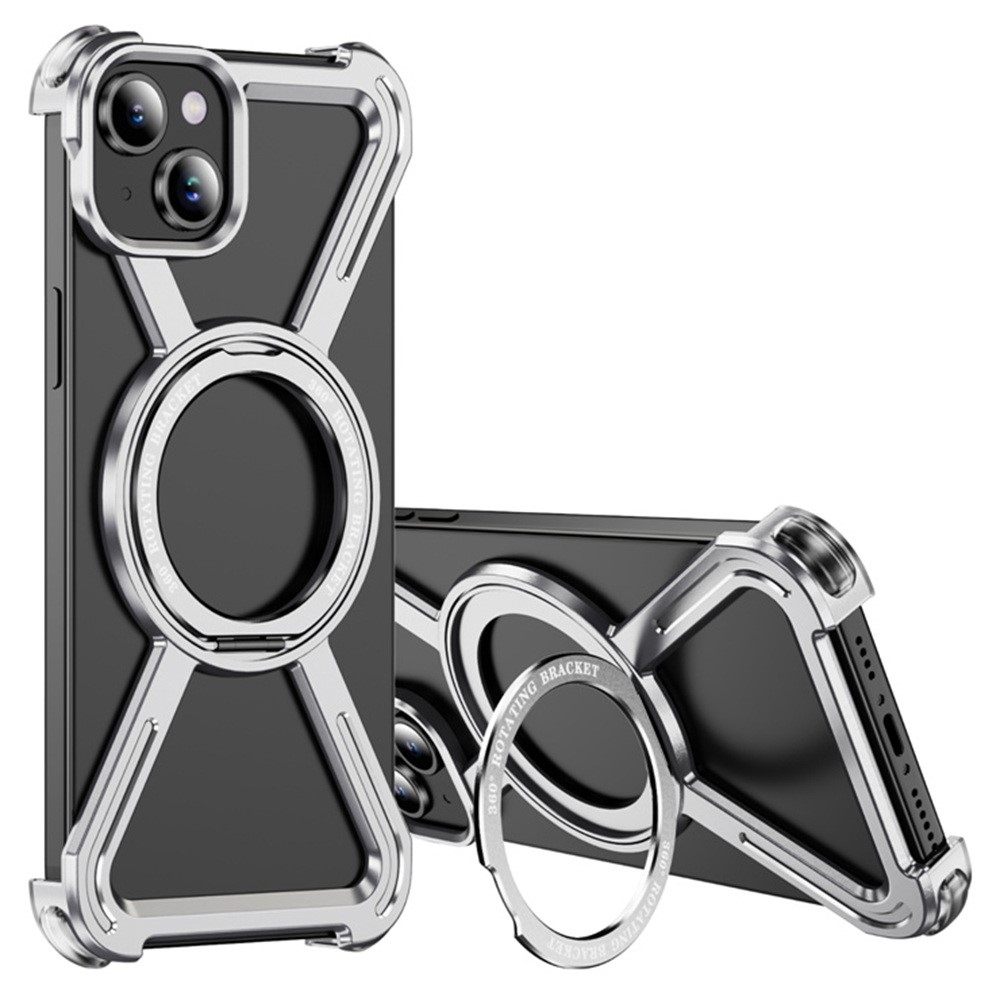 For iPhone 15 Magnetic Case Rotating Kickstand Metal Bumper Phone Cover - Silver