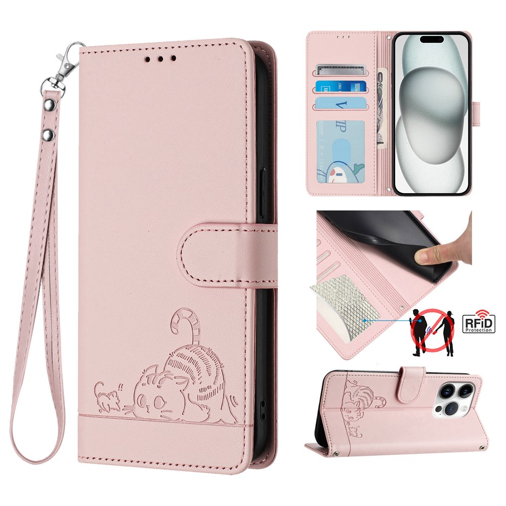 For iPhone 16 Pro Case with Strap RFID Blocking Leather Wallet Phone Cover Cat Mouse Pattern - Pink