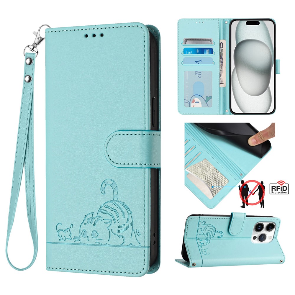 For iPhone 16 Pro Case with Strap RFID Blocking Leather Wallet Phone Cover Cat Mouse Pattern - Mint Green