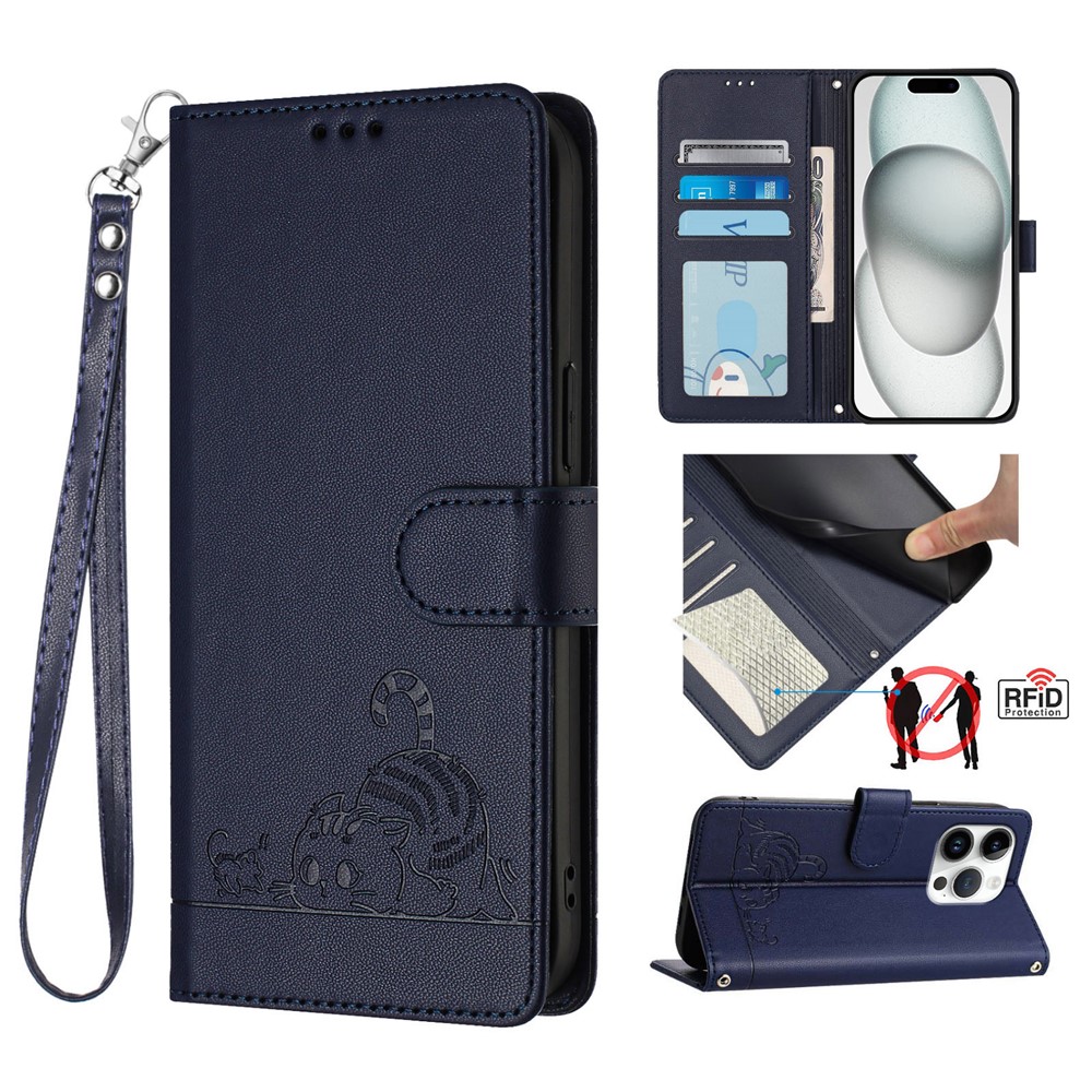 For iPhone 16 Pro Case with Strap RFID Blocking Leather Wallet Phone Cover Cat Mouse Pattern - Sapphire
