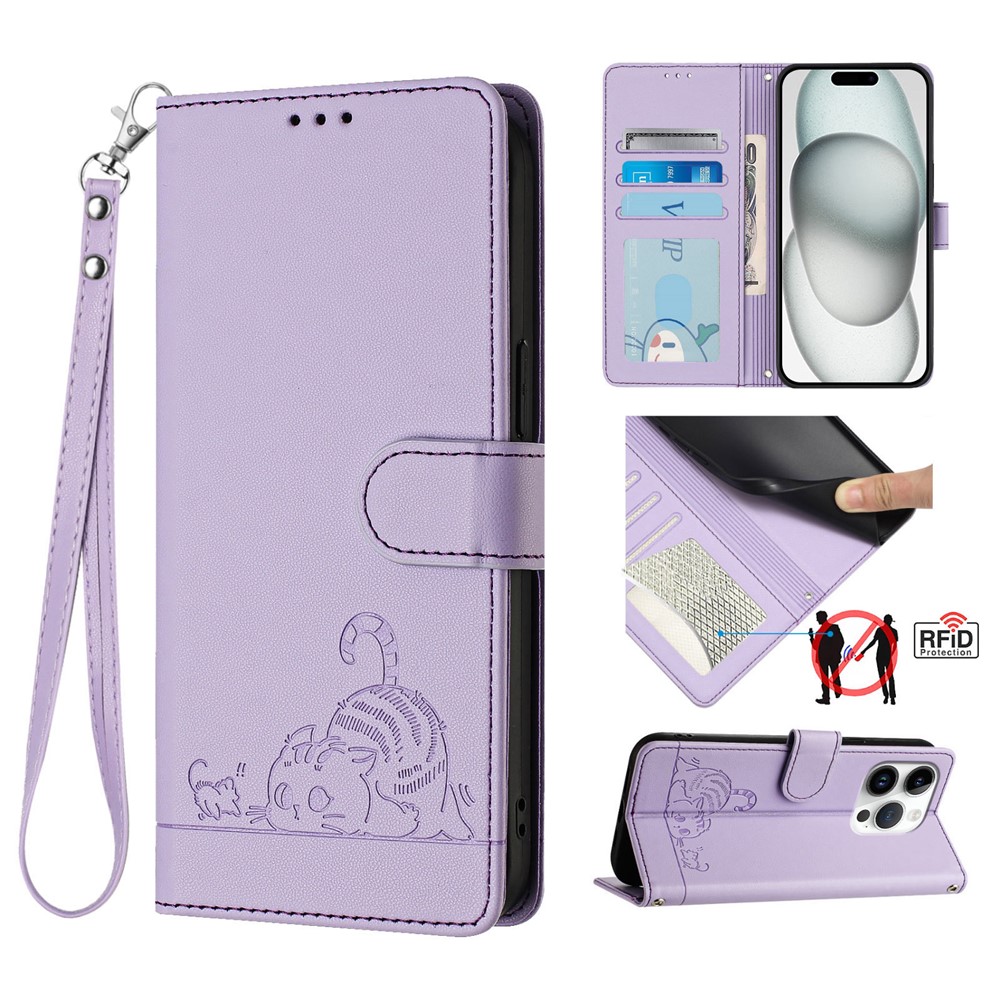 For iPhone 16 Pro Case with Strap RFID Blocking Leather Wallet Phone Cover Cat Mouse Pattern - Purple