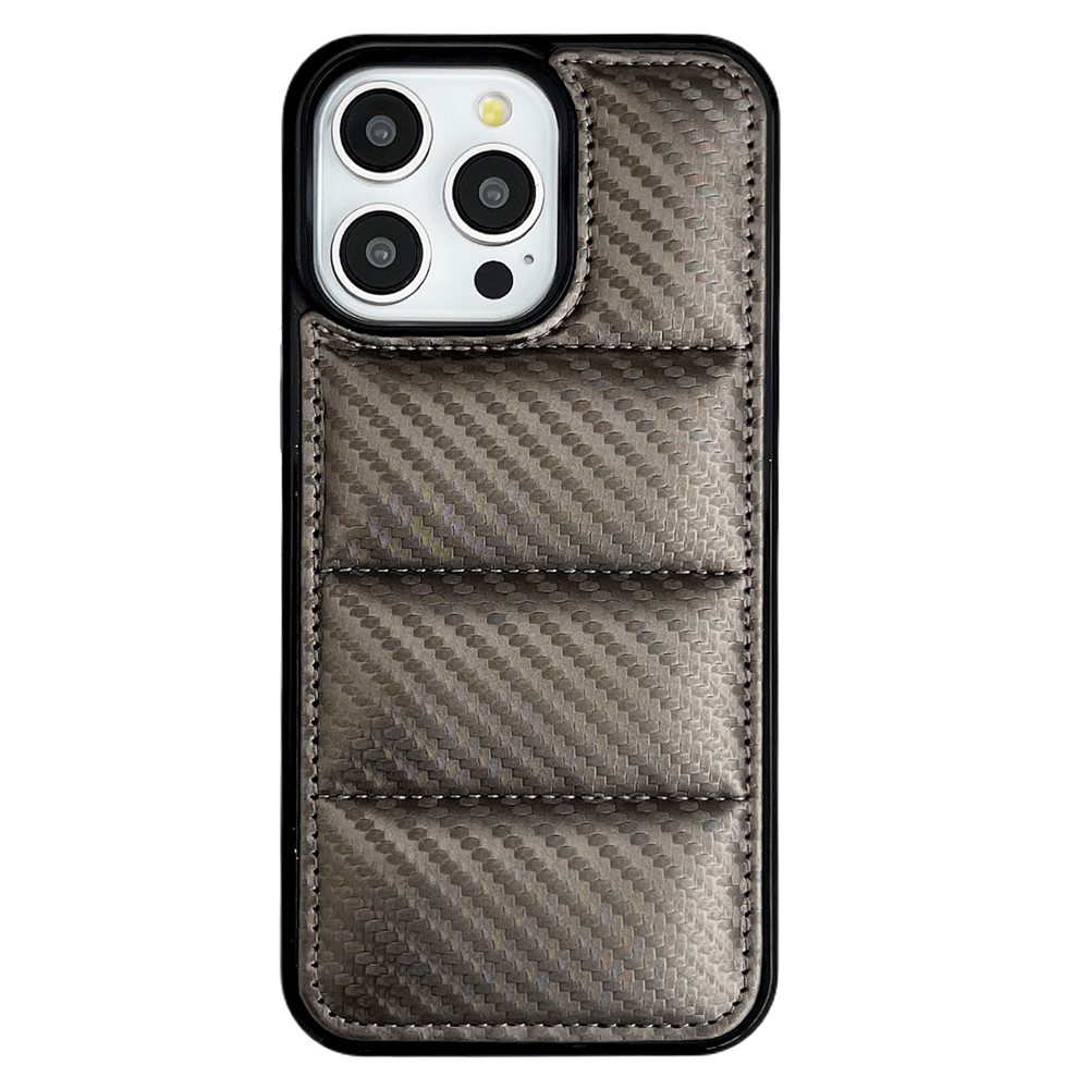 For iPhone 14 Pro Case Carbon Fiber Puffer Jacket Leather+TPU Shockproof Phone Cover - Grey