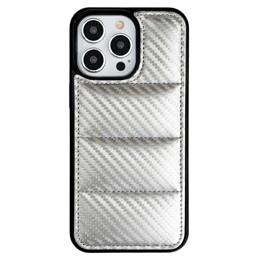 For iPhone 14 Pro Case Carbon Fiber Puffer Jacket Leather+TPU Shockproof Phone Cover - White