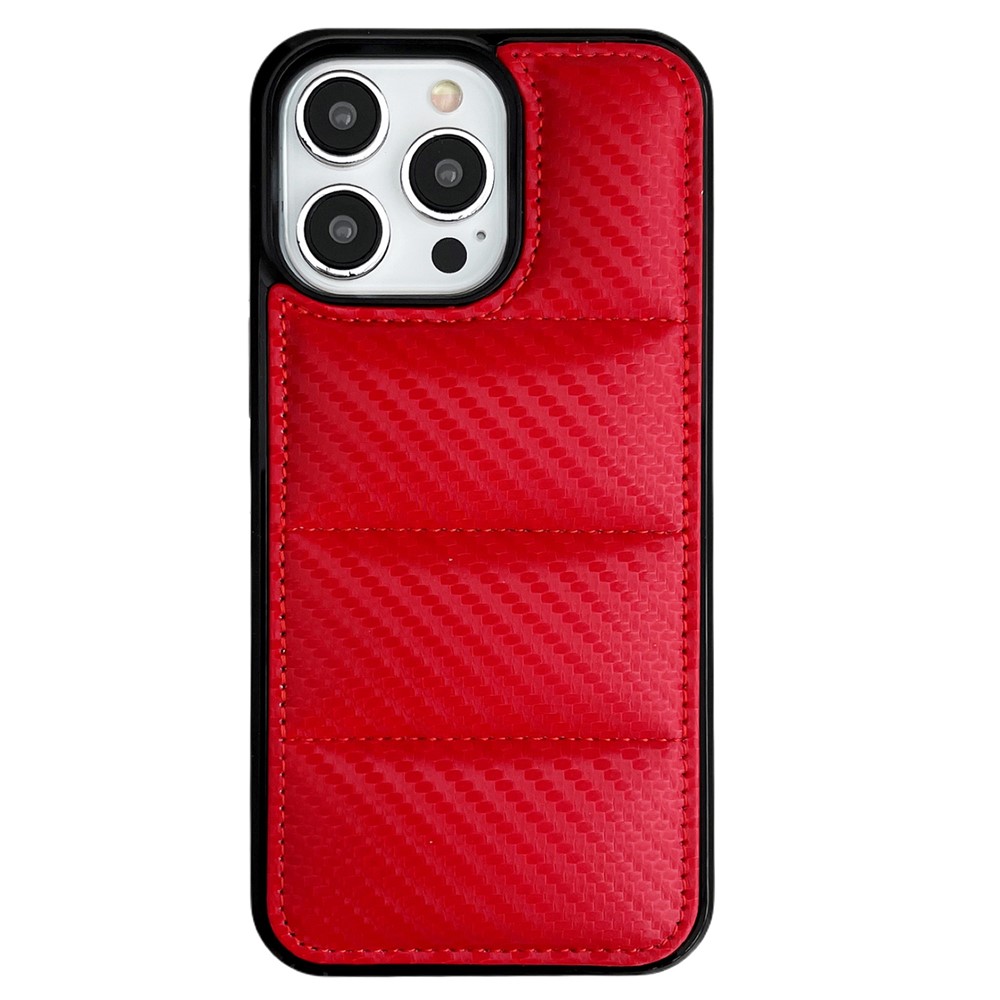 For iPhone 14 Pro Max Case Carbon Fiber Puffer Jacket Leather+TPU Shockproof Phone Cover - Red