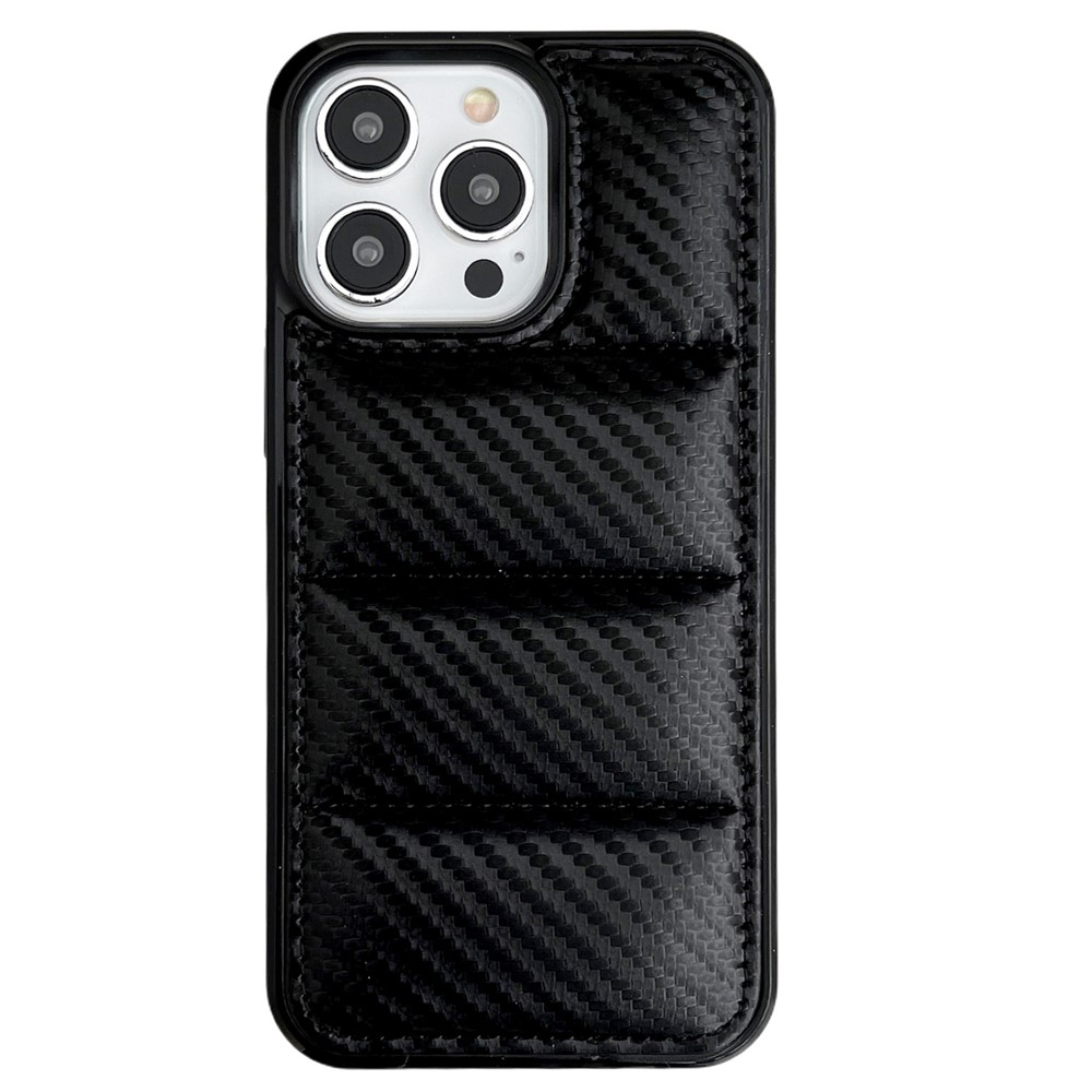 For iPhone 14 Pro Max Case Carbon Fiber Puffer Jacket Leather+TPU Shockproof Phone Cover - Black