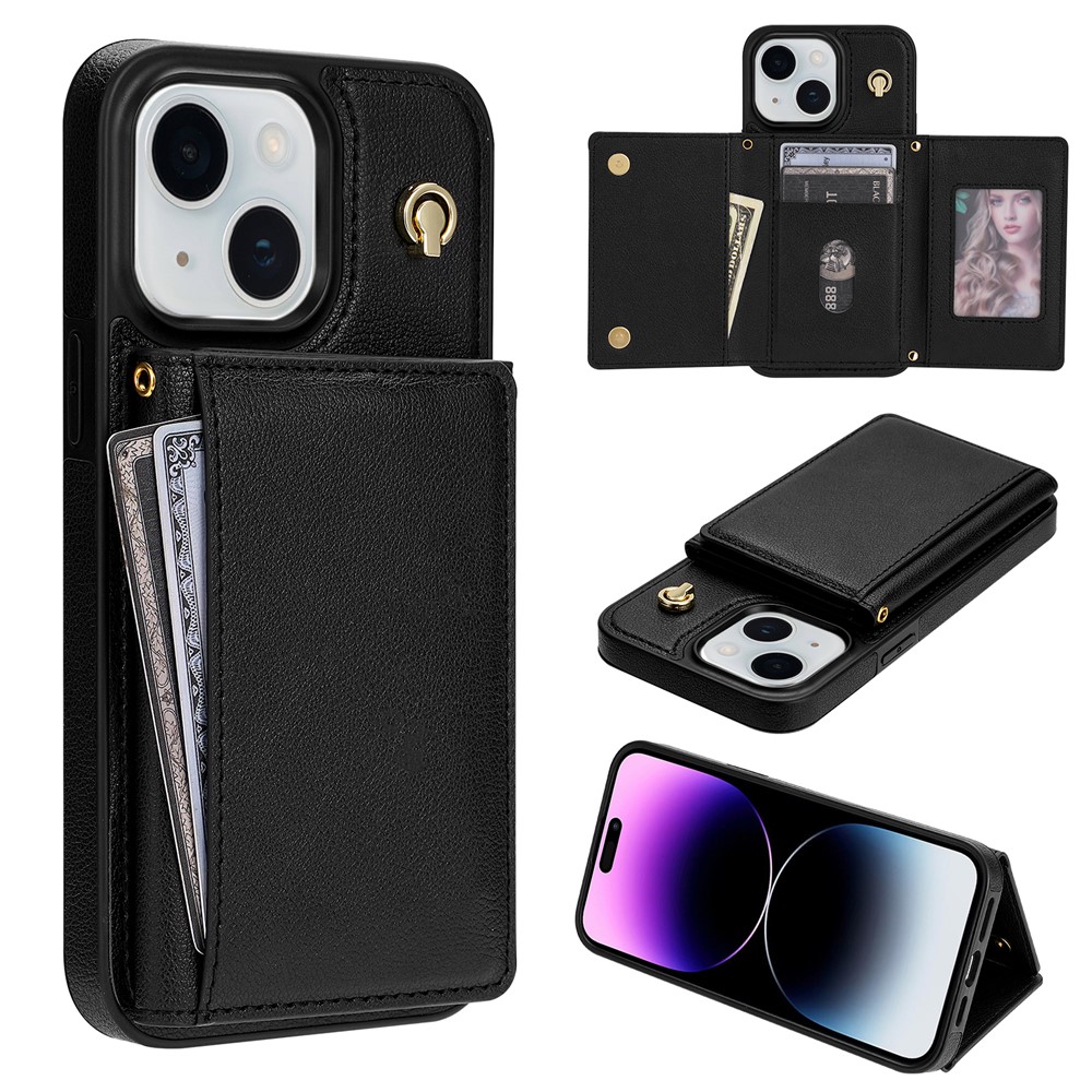 BKS-003 For iPhone 15 Case Tri-Fold Card Holder Kickstand TPU+Leather Back Cover with Shoulder Strap - Black