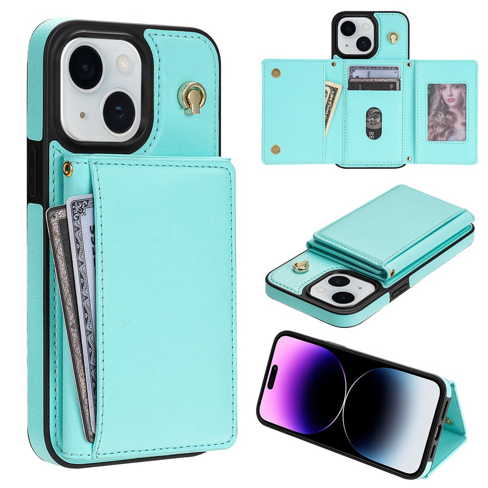 BKS-003 For iPhone 15 Case Tri-Fold Card Holder Kickstand TPU+Leather Back Cover with Shoulder Strap - Green