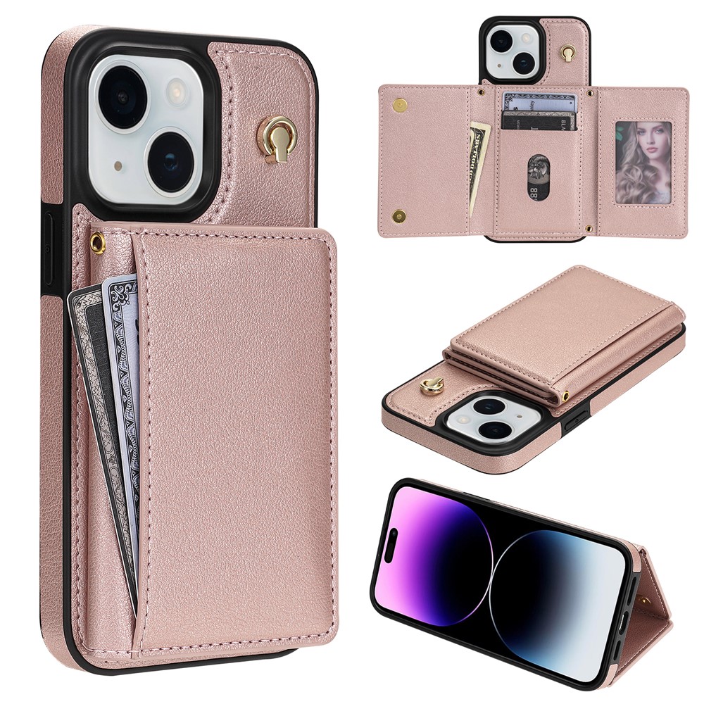 BKS-003 For iPhone 15 Case Tri-Fold Card Holder Kickstand TPU+Leather Back Cover with Shoulder Strap - Pink