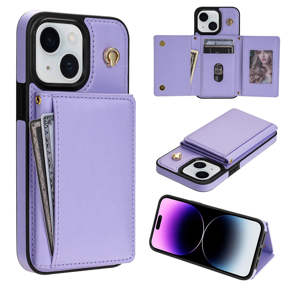 BKS-003 For iPhone 15 Case Tri-Fold Card Holder Kickstand TPU+Leather Back Cover with Shoulder Strap - Purple