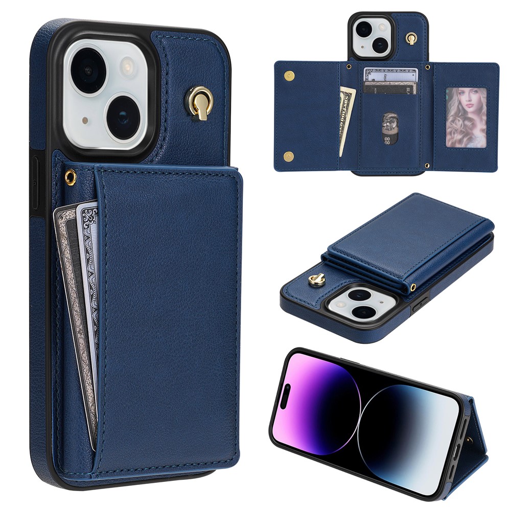BKS-003 For iPhone 15 Case Tri-Fold Card Holder Kickstand TPU+Leather Back Cover with Shoulder Strap - Blue