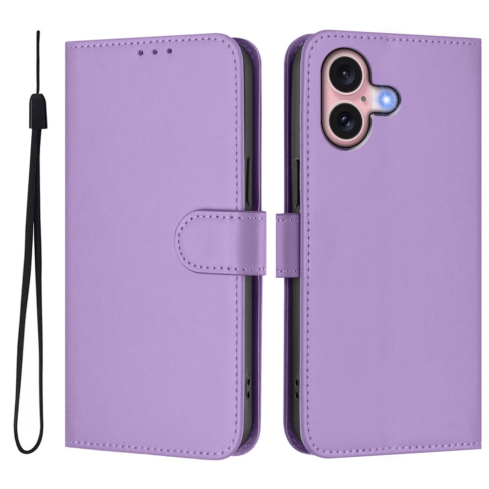 For iPhone 16 Case Solid Color Wallet Leather Phone Cover with Strap - Lavender