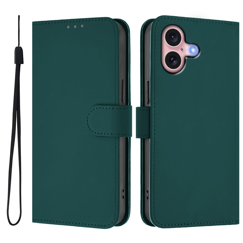 For iPhone 16 Case Solid Color Wallet Leather Phone Cover with Strap - Dark Green